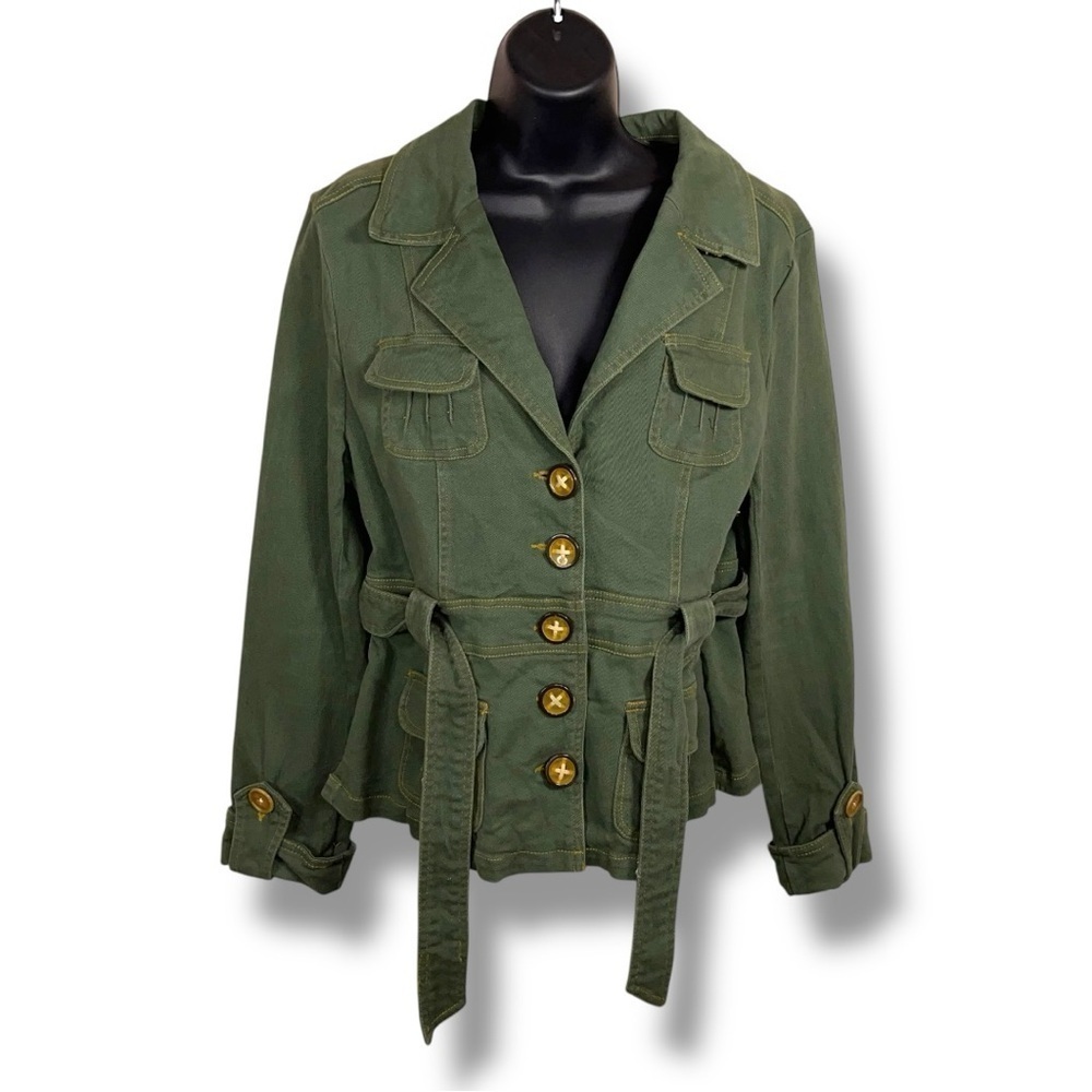 XL Luii Green Belted Jacket Button Front Womens Long Sleeve Cotton Blend